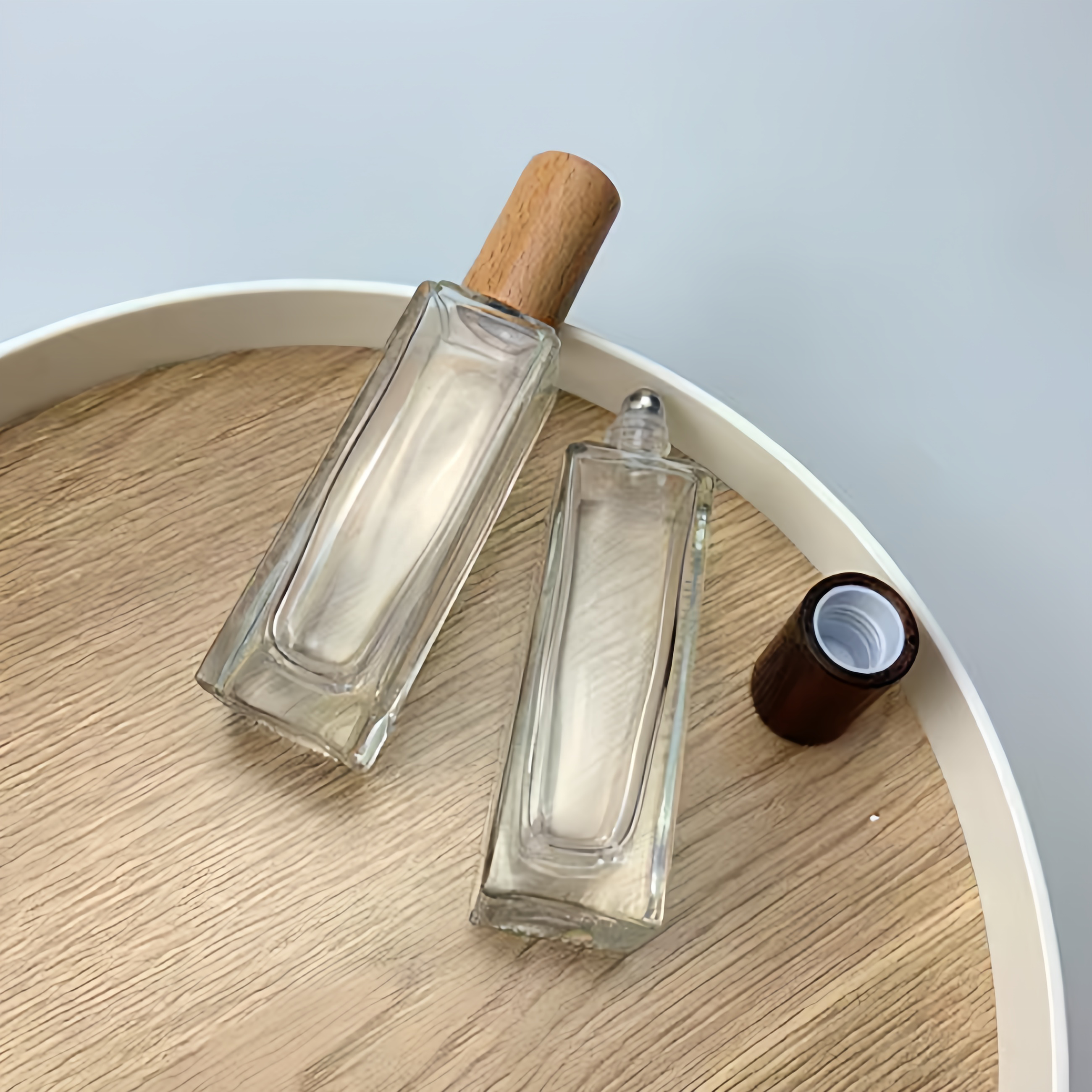 Square Transparent Clear Bamboo Cap Various Size  Glass Roller Ball Bottles