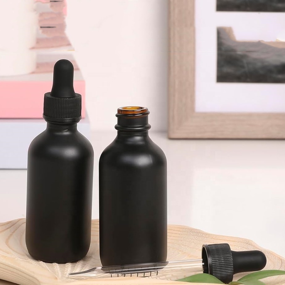 1/2oz 1oz 2oz 4oz 8oz 16oz Matte Frosted Black Glass Dropper Essential Oil Bottles With Paper Cardboard Boxes