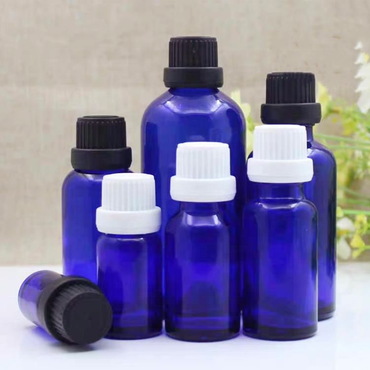 Blue Glass Essential Oil and Probiotics 5ml 10ml 20ml 50ml 100ml Bottles with Plastic Black Cap and  Oil Reducer