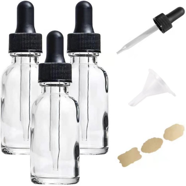 Wholesale 1oz 30ml boston Round clear Glass Essential Oil Dropper Bottle