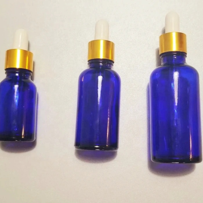 Blue Glass Dropper Bottle With Gold and White Pipette 10 15 30 50 100ml Refillable Bottles for Essential Oils & DIY Products