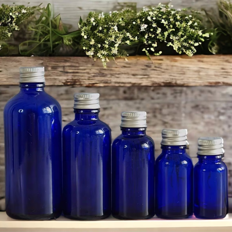 Refillable Blue Glass Dropper Bottles With Aluminum Silver Lid - Empty Bottles for Crafts, Aromatherapy, Refills & DIY Skincare
