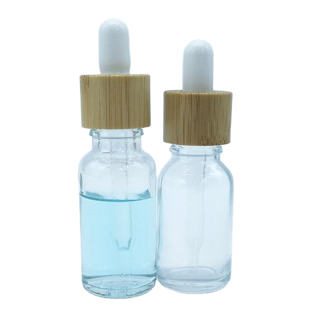 Luxury Skincare Packaging 5ml 10ml 15ml 20ml 30ml 50ml 100ml clear Frosted Essential Oil Bamboo Cap Glass Dropper Bottle