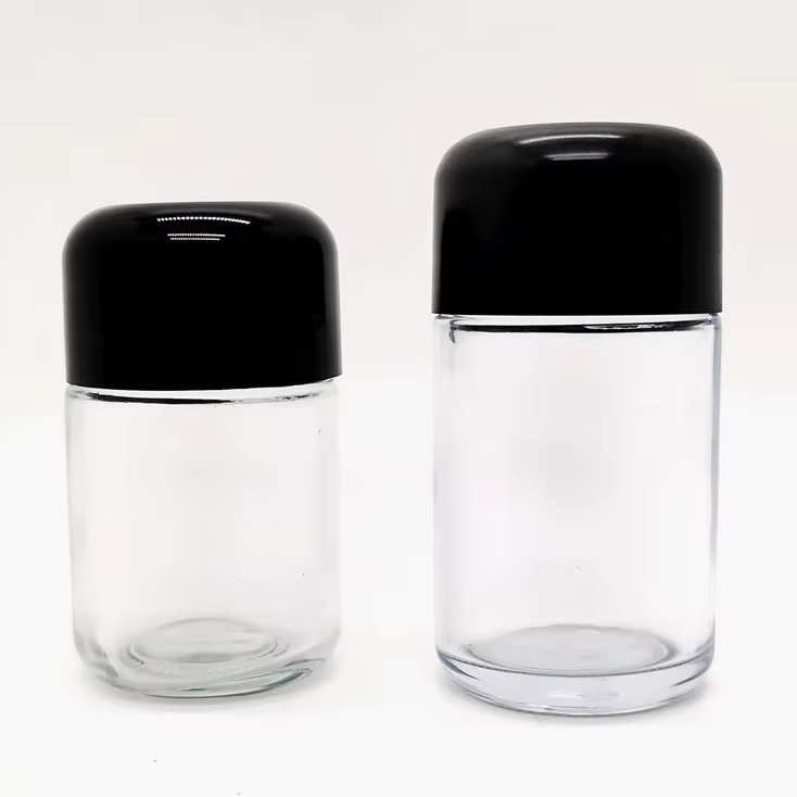 Wholesale Child Resistant Herb Flower Container 5ml 30 ml  70ml 110 ml  clear Smell Proof Glass Jars With Wooden Grain ABS Cap