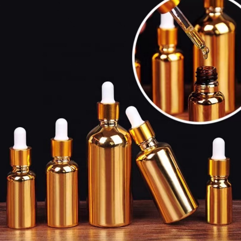 5-100ml Gold Shiny Essential Oil Bottle Packaging Gold Plating Electroplating Glass Dropper Serum Bottle Metallic Plating