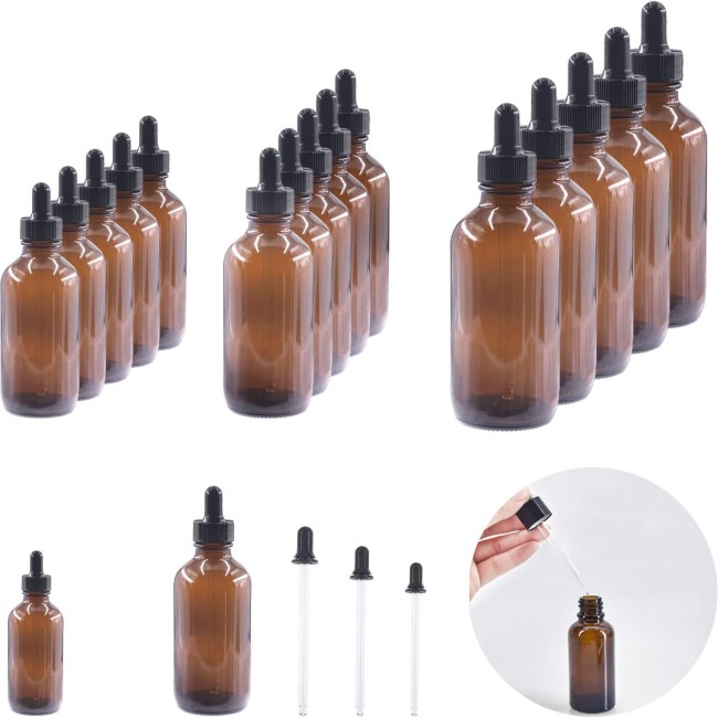 Amber Glass Boston Bottles 1 oz 2 oz 4 oz 8 oz With Eye Droppers