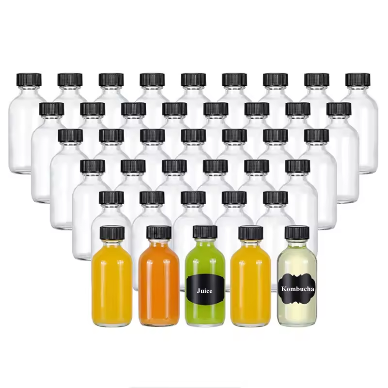 Small Mini 60ml 2oz Mini Liquid Ginger Oil Glass Juice Bottle Clear Empty Boston Round Shots Glass Bottles With Caps