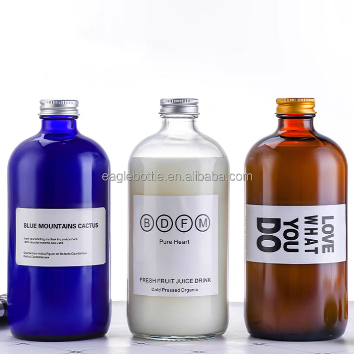 Custom 250ml 500ml Drinks Glasses Beverages Fruit Juice Kombucha Tea 8 oz 16 oz Boston Round Empty Amber Glass Bottles