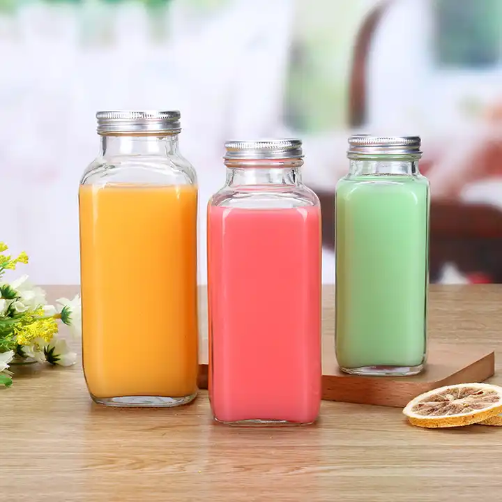200ml 250ml 12oz 16oz Small Shot Glass Clear French Square Cold Pressed Juice Bottle With Plastisol Aluminum Screw Cap