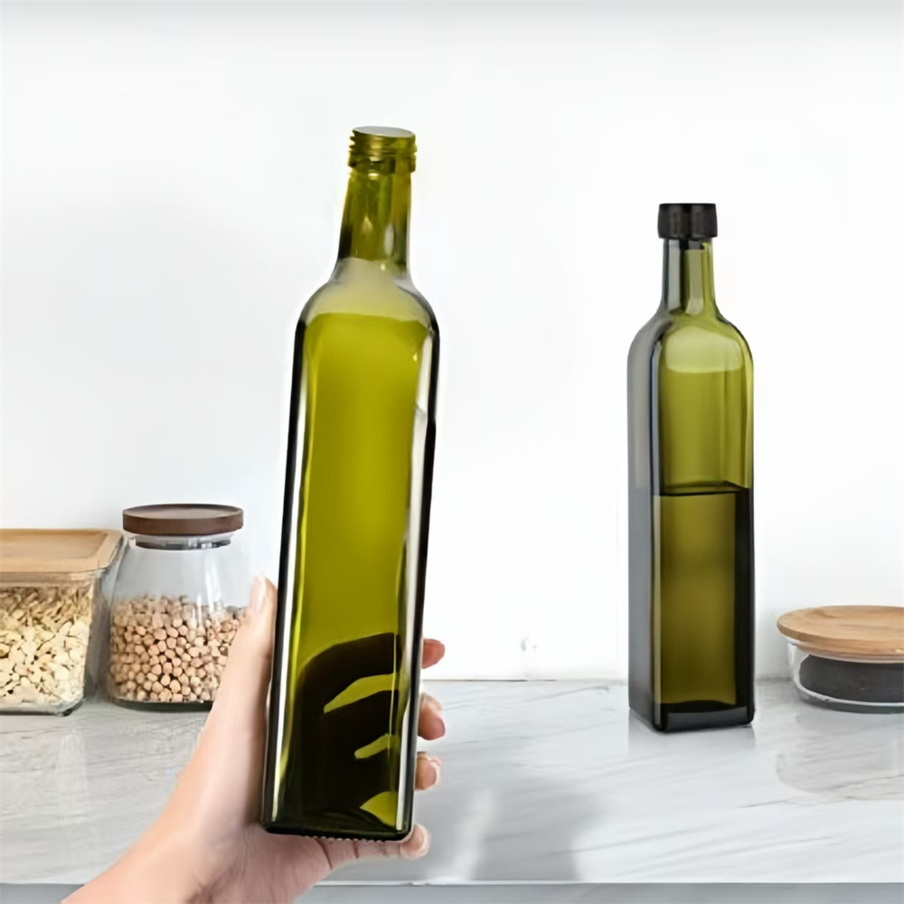Hot Sale Refillable 250ml 500ml 750ml 1l Empty Square Army Green Olive Oil Glass Bottles for Kitchen