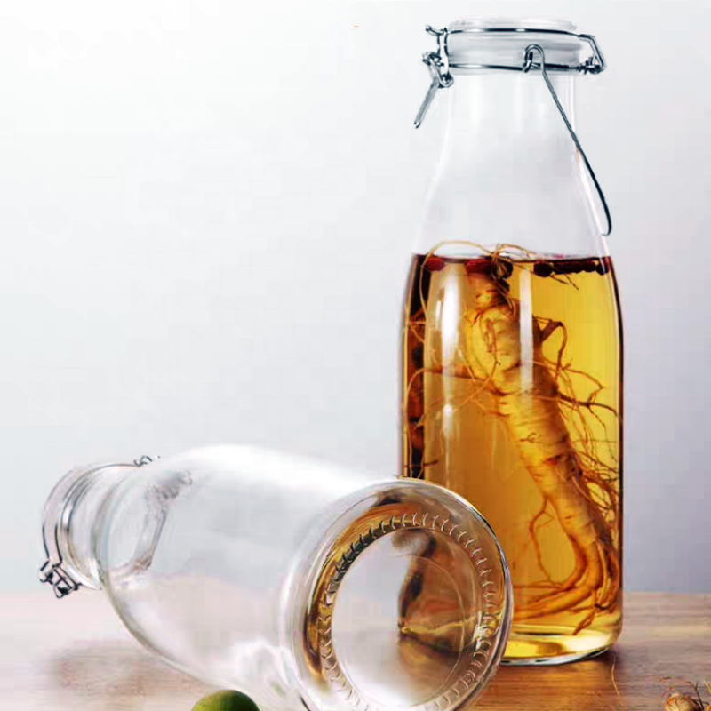 Customized Logo Printing Clip Glass Lid 1 Liter Glass Milk Bottle Beverage Drinking Glass Swing Top Bottle