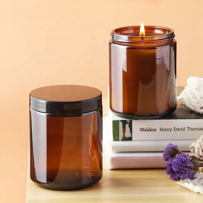 Supplier 4oz 8oz 120ml 250ml Amber Luxury Large Empty Straight Sided Glass Candle Jar for Candle Packaging With Lids