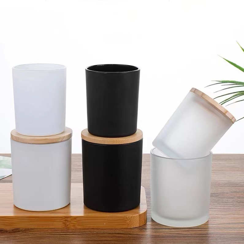 Wholesale 7oz 10oz 14oz Empty Matte Frosted White Black clear Glass Candle Jars With Wooden Lids for Candle Making