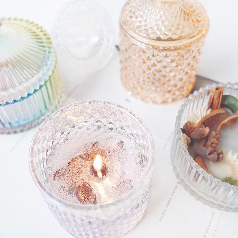 Custom Design Recyclable Fashion Iridescent Rainbow Empty Glass Candle Jar Color Luxury Holographic Candle Jar With Lid