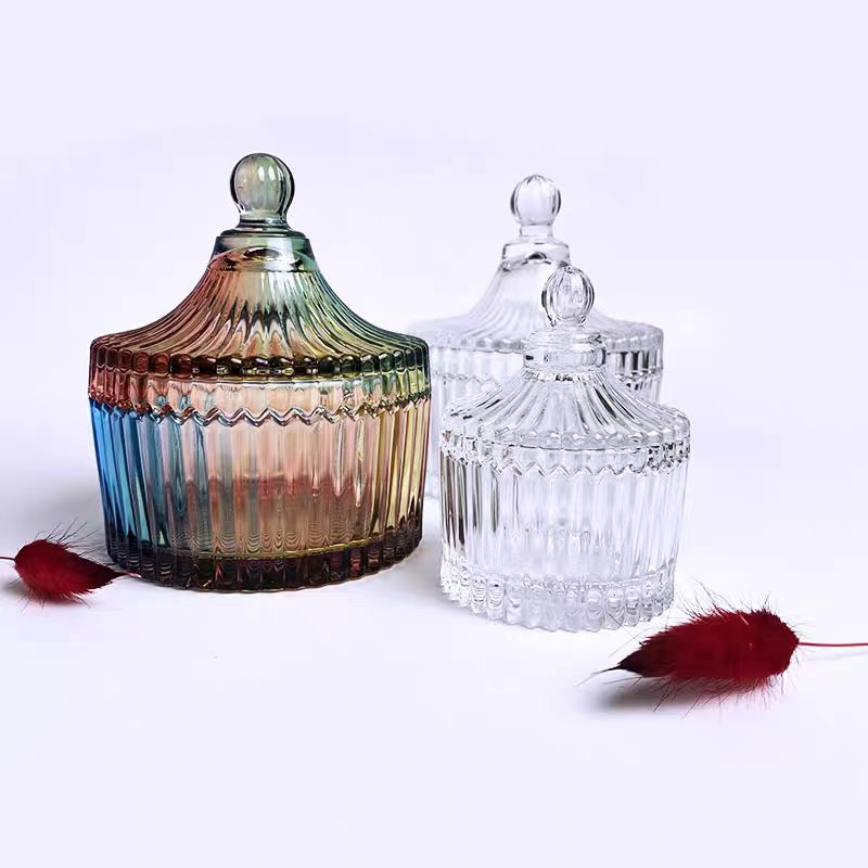 Wholesale 75ml 250ml 500ml  Round Recyclable Empty Luxury Iridesce Textured Ribbed Glass Candle Glass Jar for Gift & Craft