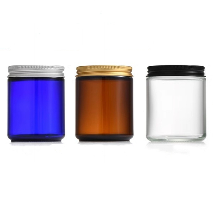 Empty 50ml 100ML 250ML 500ML Green Clear Amber Glass Candle Jar With Black Gold Aluminum Metal Lids