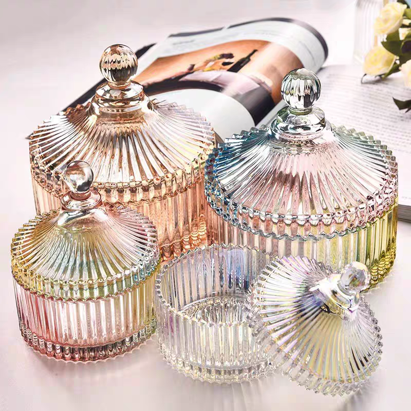 Hot Sale Empty Crystal Candy Gift Storage Recyclable Glass Candle Jars Customize Ribbed Candy Gift Storage With Glass Lid