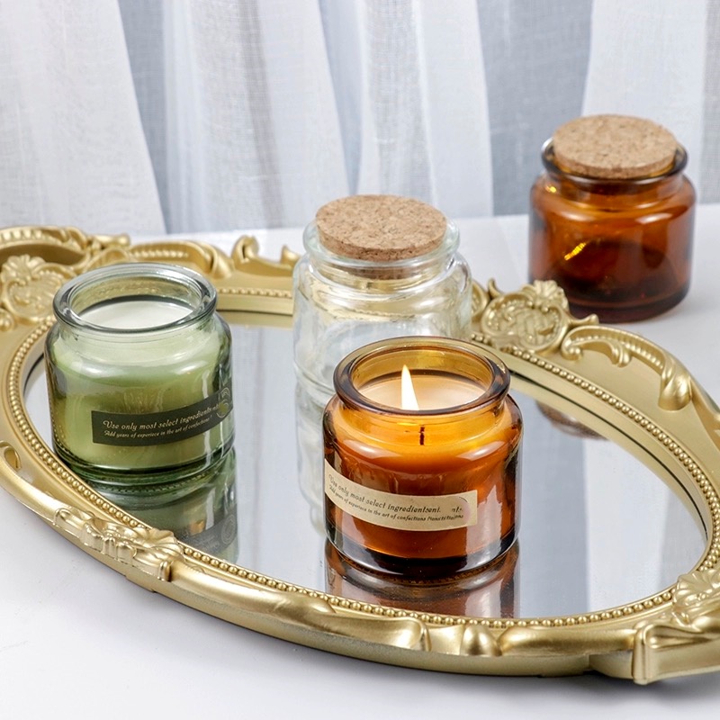 Empty 120ml 200ml Small Amber Brown Mini Unique Luxury Candle Glass Jar With Cork Wooden Metal Lids
