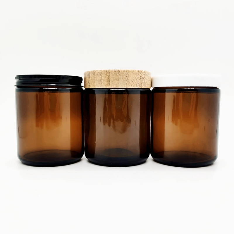 Empty Cosmetic Packaging Containers Amber 250ml 270ml Glass Jar With Bamboo Wood Lid for Face Cream