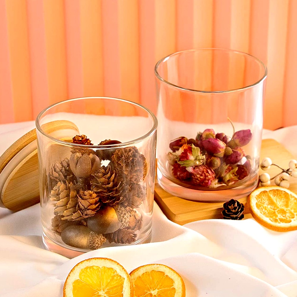 Heat Resistant DIY Candle Making Container With Bamboo Lid Clear Glass Candle Jar With Wooden Lid