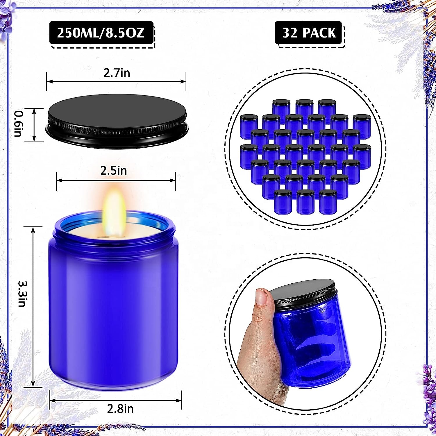 Luxury 4oz Amber Blue Glass Candle Jar With Lid Elegant Cylindrical Container for Home Festivals Bulk Packed Customized Logo