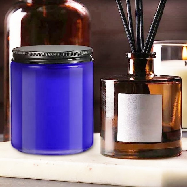 8oz 250ml Blue Glass Cylinder Candle Jars with Lids Empty Amber Silk Screen Printing for Scented Candles