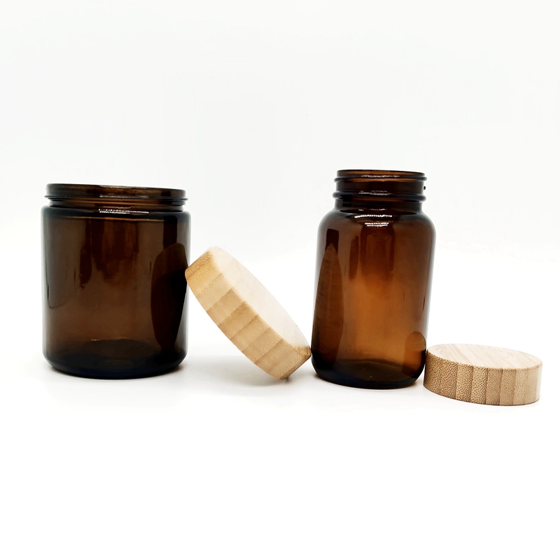 Medicine Packaging Set 250ml Cream Jar 8oz 9oz Amber Glass Cosmetic Capsule  Bottle With Bamboo Lid