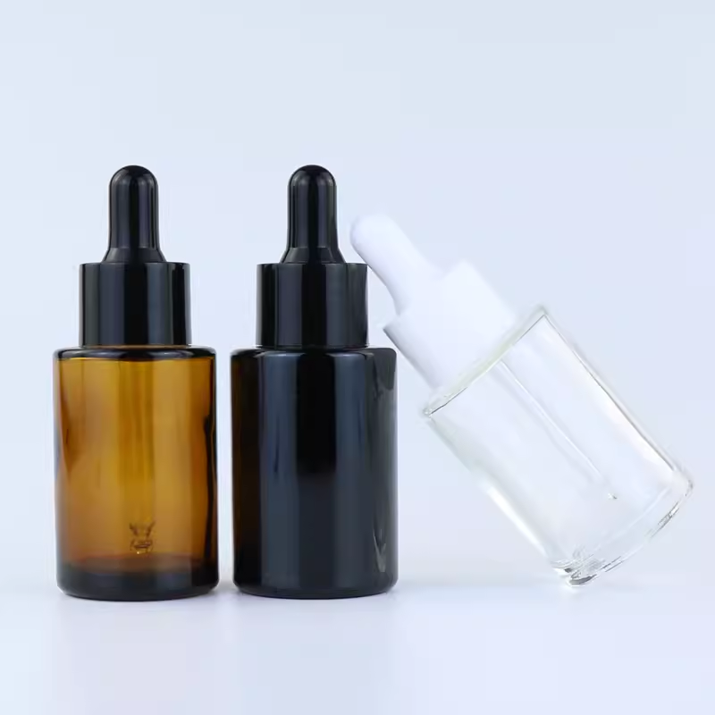 Custom Glass Cosmetic Serum Bottle 30 Ml 1oz White Black Silver Frosted Flat Shoulder Dropper Bottle for Essential Oils 30ml glass jar glass bottle