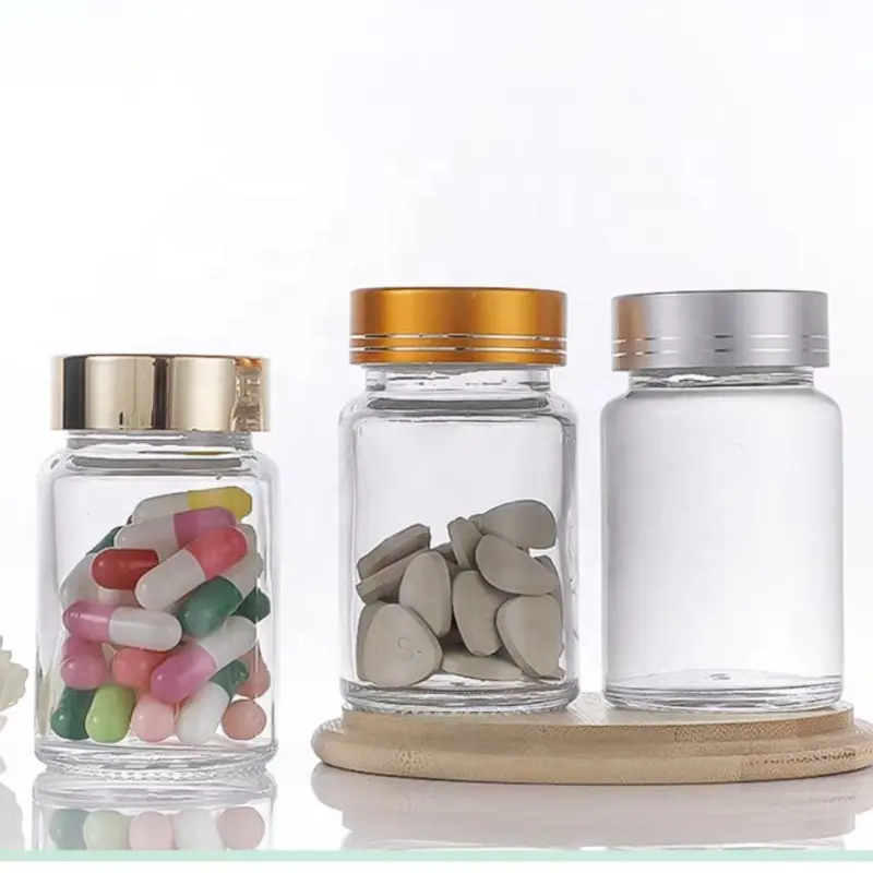 15ml 50ml 60ml  Empty Clear Amber Glass Pill Bottle Screw Cap Tablet Jars Food Supplement Capsules Container Custom Printed