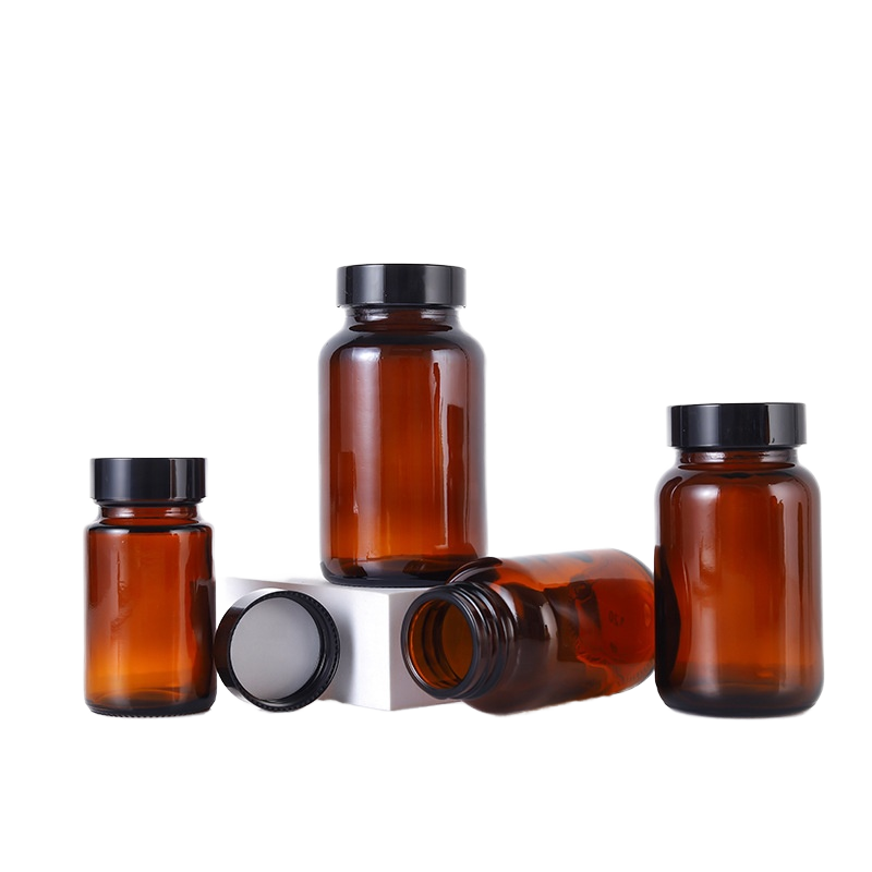 15ml 50ml 60ml  Empty Clear Amber Glass Pill Bottle Screw Cap Tablet Jars Food Supplement Capsules Container Custom Printed