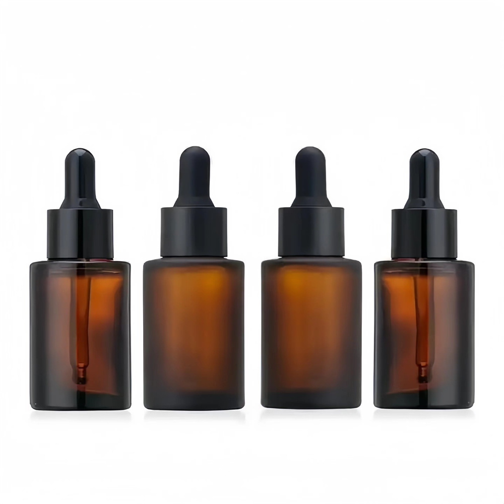 Amber 20ml 30ml/1oz 2oz 100ml Flat Shoulder Cylinder Glass Dropper Bottle for Serum Essential Oil With Black Dropper