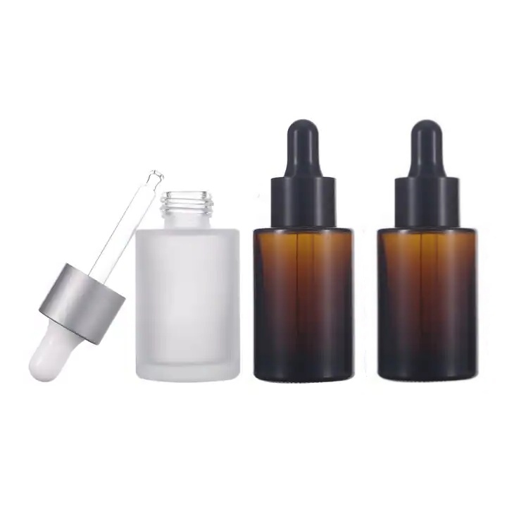 Amber Clear Frosted 1 oz 30 ml Flat Shoulder Cylinder Glass Dropper Bottle Serum Essential Oil Mascara Eye Drop Screen Printing