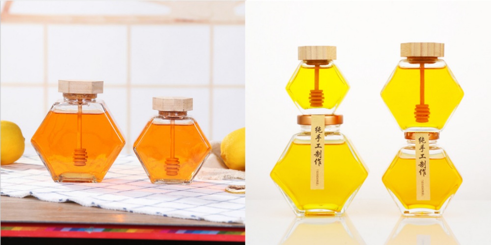 100ml 220ml 380ml Customized Small Glass Jar with Bamboo Lid Glass Jam Jar Airtight Hexagon Glass Honey Jar with Dipper Thick Glass Jar Heavy Bottom